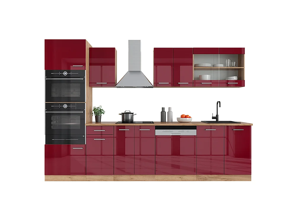 Cucina componibile rosso lucido/rovere dorato 300x60x81.6 r-line