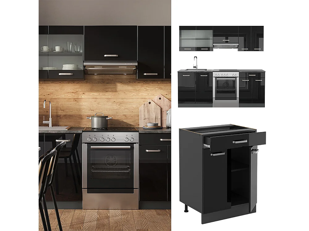 Mueble de cocina negro/antracita de alto brillo 200x60x81.6 r-line