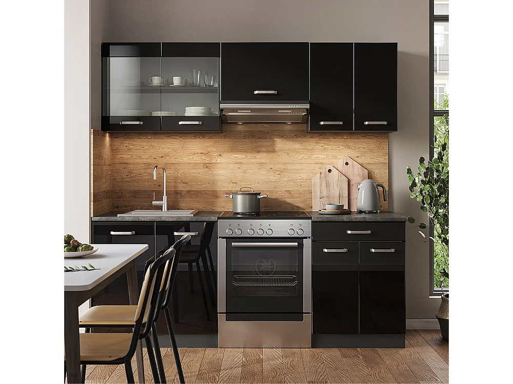 Mueble de cocina negro/antracita de alto brillo 200x60x81.6 r-line