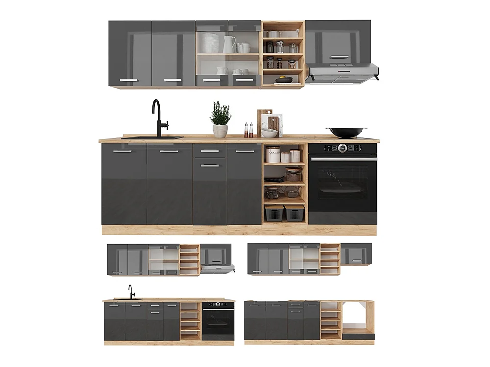 Cuisine anthracite brillant/chêne doré 240x60x81.6 r-line