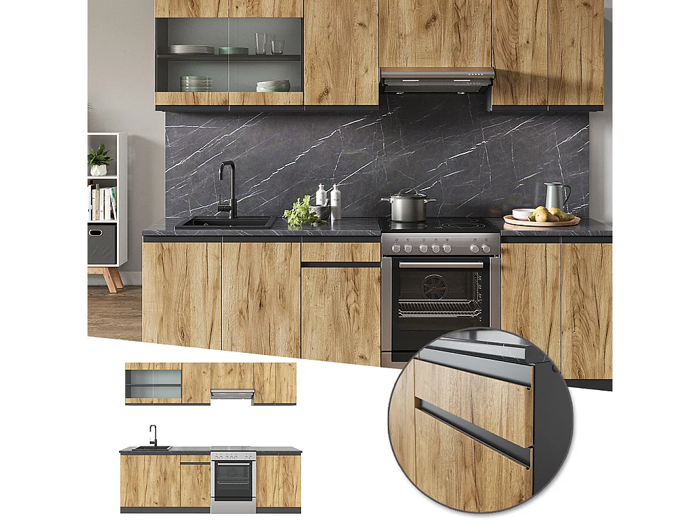 Mueble de cocina oro power roble/antracita 240x46x81.6 raul