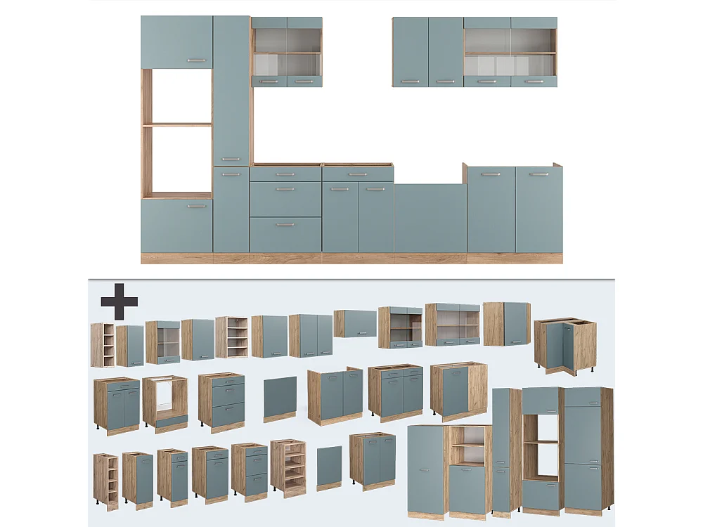 Cuisine bleu-gris/chêne doré 350x46x81.6 r-line