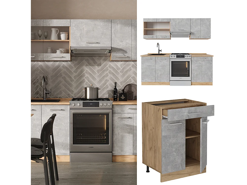 Cucina componibile calcestruzzo/quercia dorata 200x60x81.6 r-line