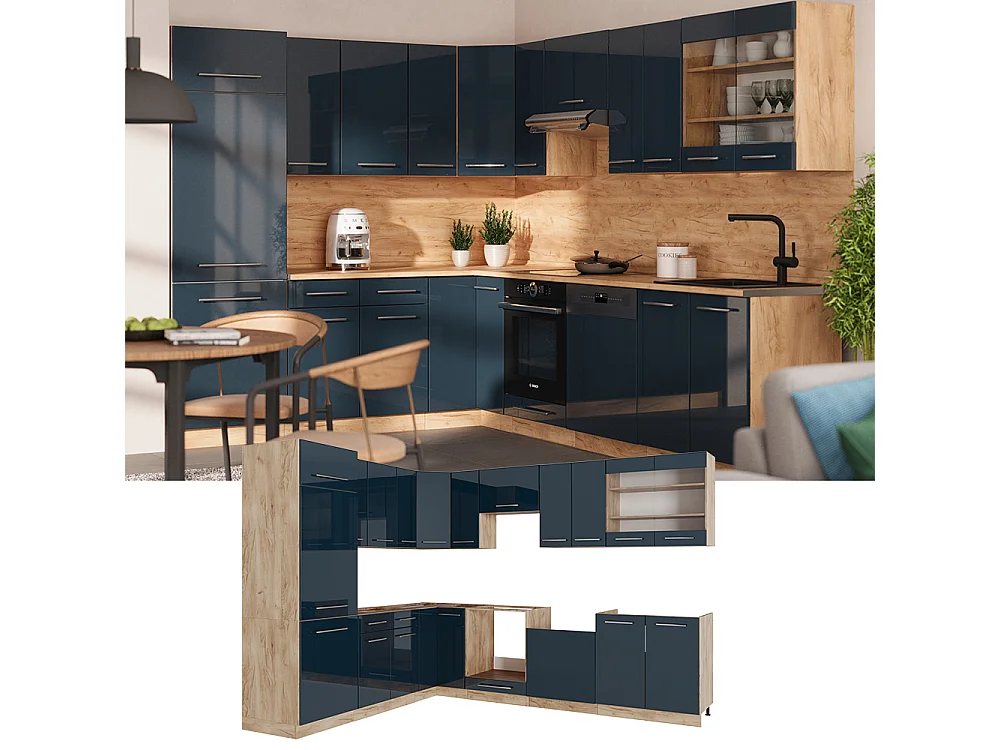 Eckküche dunkelblau hochglanz/goldkraft eiche 227x60x81.6 fame-line
