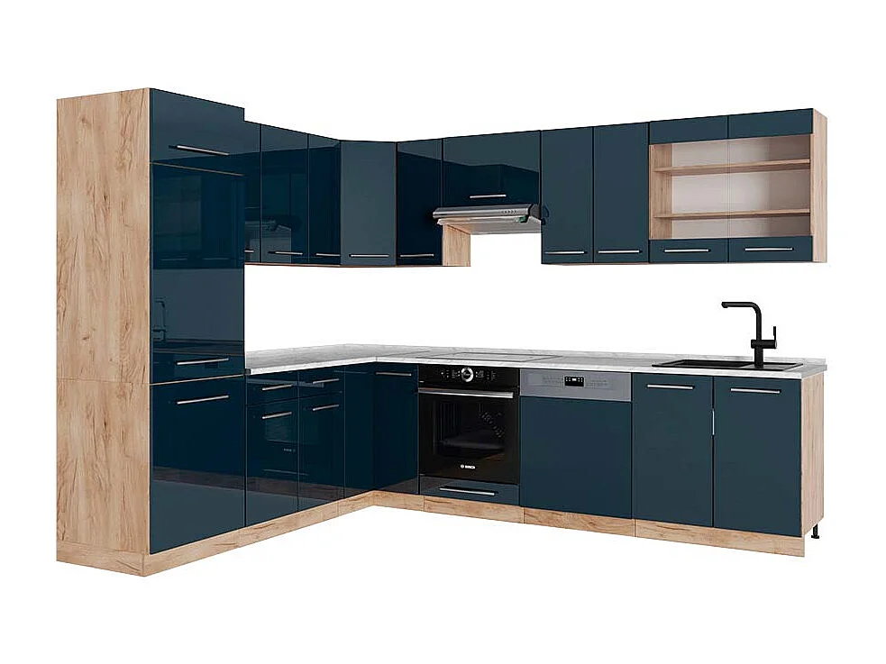 Cuisine en angle bleu foncé brillant/chêne doré 227x60x81.6 fame-line