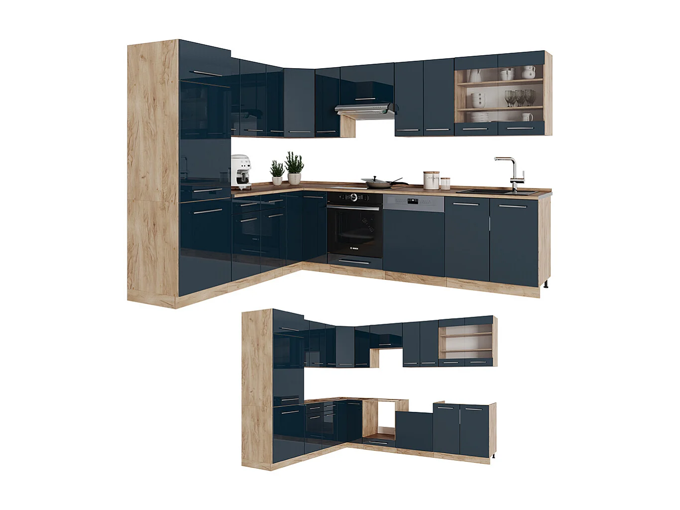 Cuisine en angle bleu foncé brillant/chêne doré 227x60x81.6 fame-line