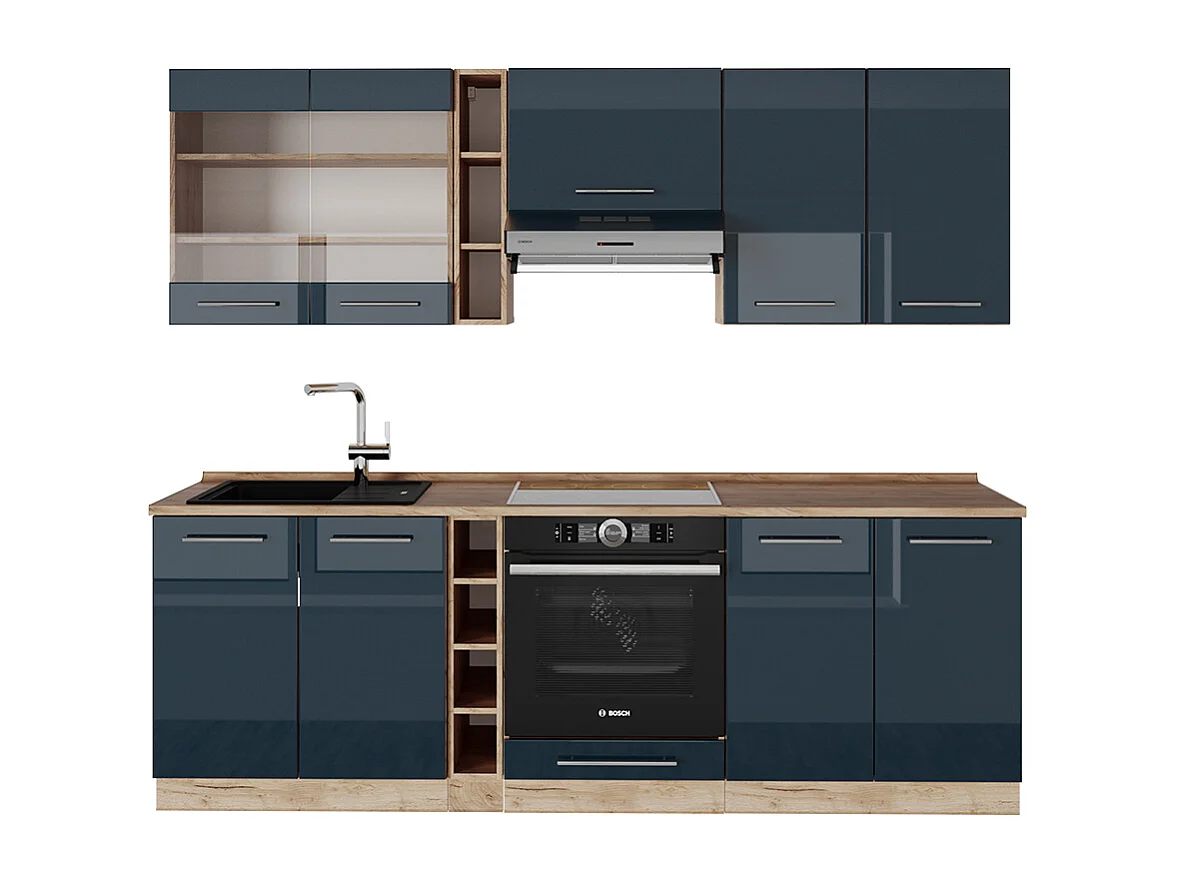 Køkkenrække mørkeblå højglans/gylden eg 235x60x81.6 fame-line