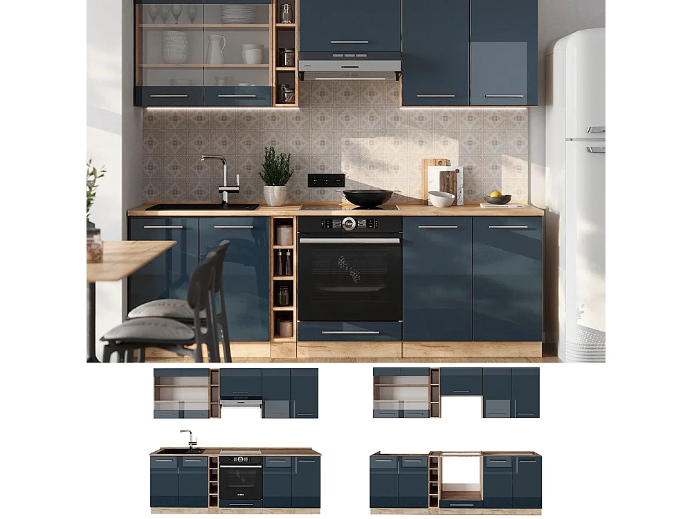 Mueble de cocina azul oscuro alto brillo/roble dorado 235x60x81.6 fame-line