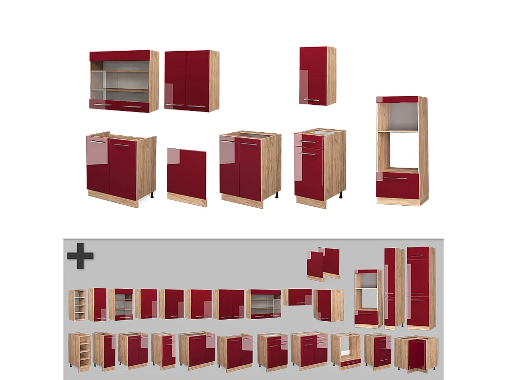 Køkkenrække bordeaux højglans/gylden eg 300x60x81.6 fame-line