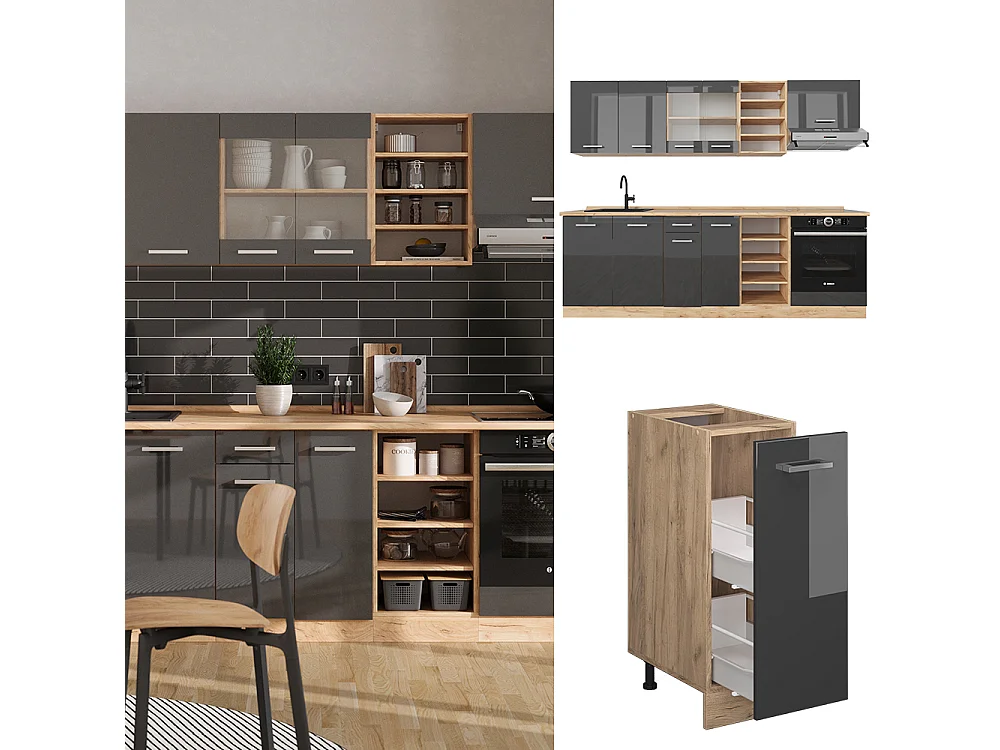 Cucina componibile antracite lucido/oro power oak 240x46x81.6 r-line
