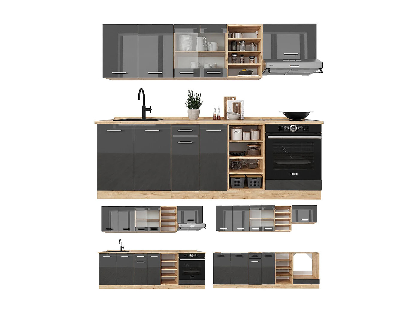 Cuisine anthracite brillant/chêne doré 240x46x81.6 r-line