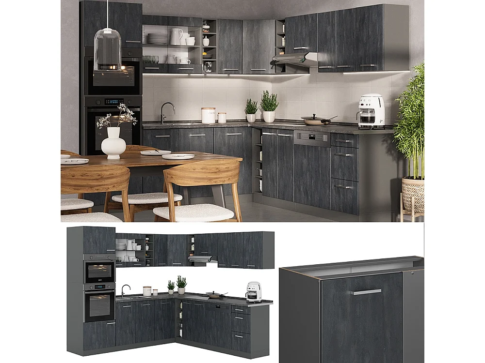 Cuisine en angle béton noir/anthracite 247x60x81.6 r-line