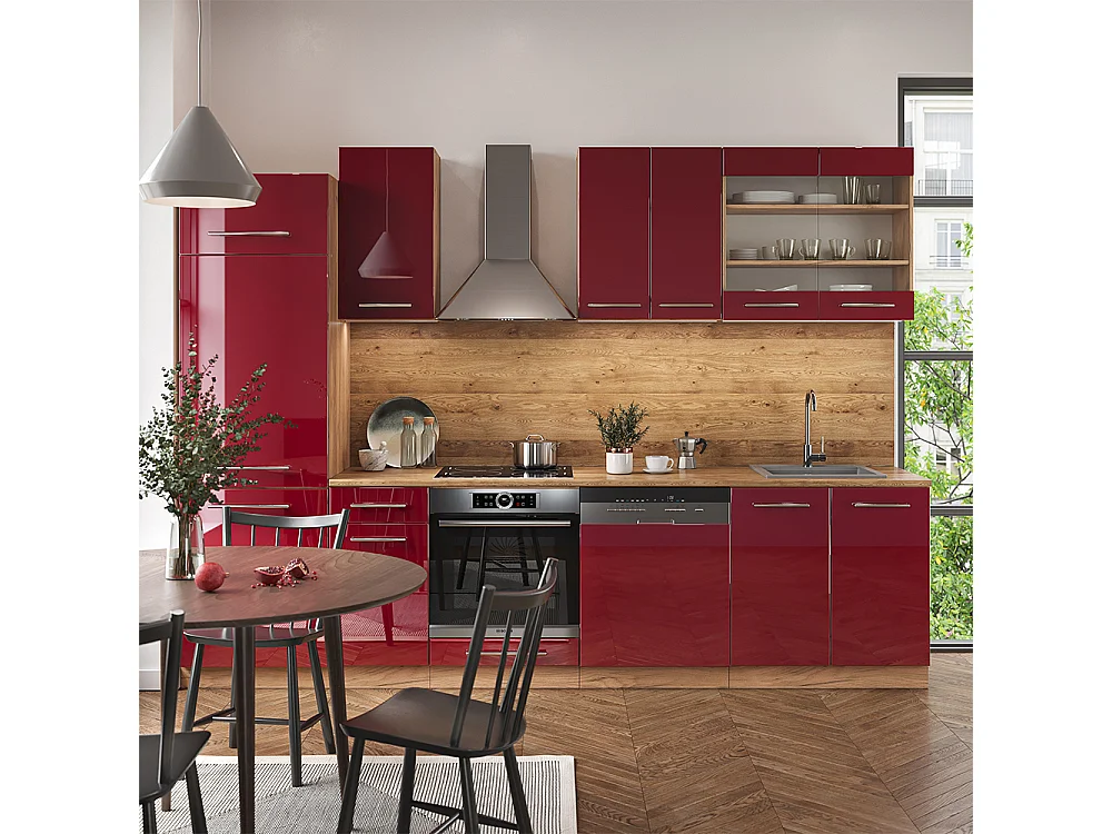 Mueble de cocina burdeos brillo intenso/roble dorado 300x60x81.6 fame-line