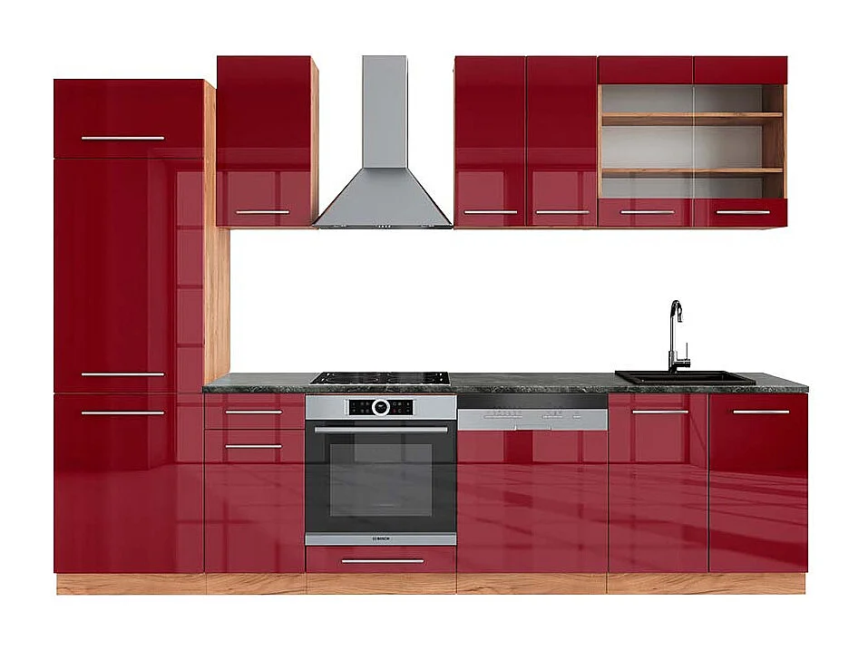 Mueble de cocina burdeos brillo intenso/roble dorado 300x60x81.6 fame-line