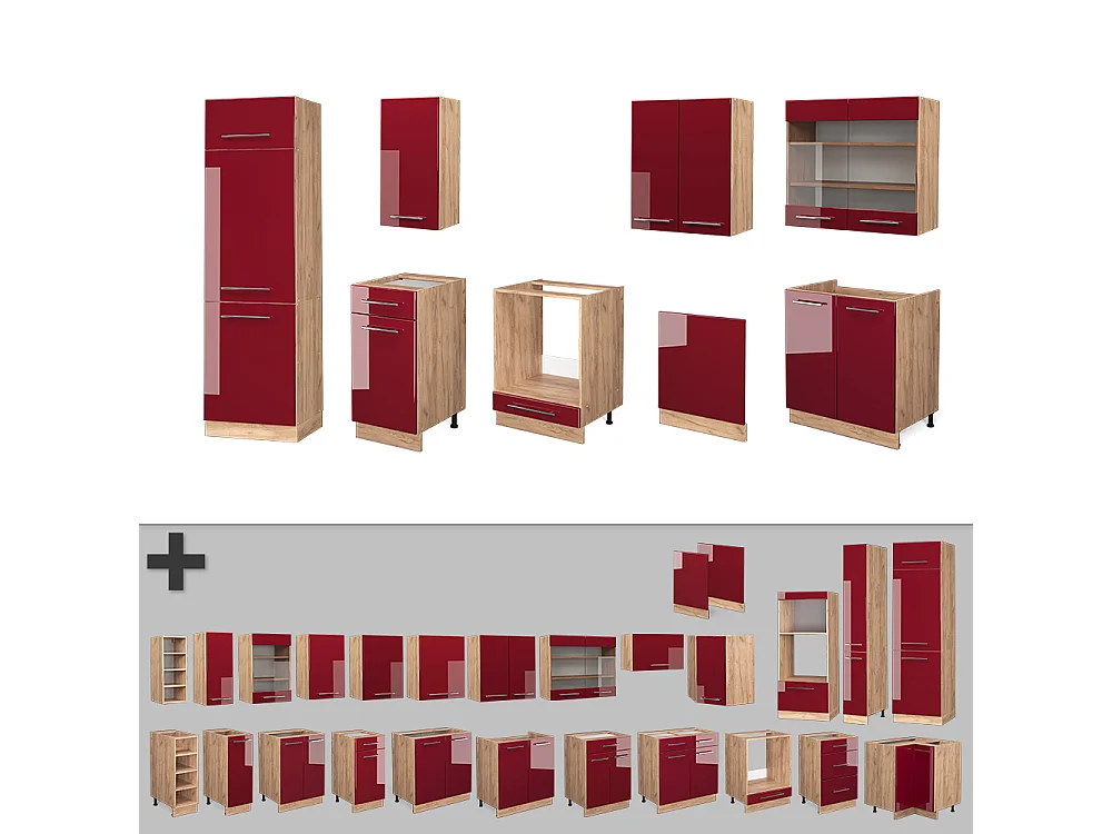 Mueble de cocina burdeos brillo intenso/roble dorado 300x60x81.6 fame-line