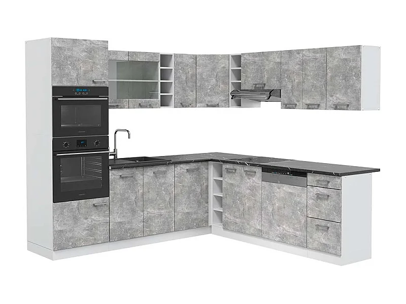 Cuisine en angle béton/blanc 247x60x81.6 r-line