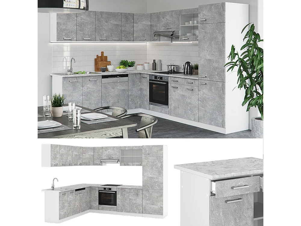Cuisine en angle béton/blanc 287x46x81.6 r-line