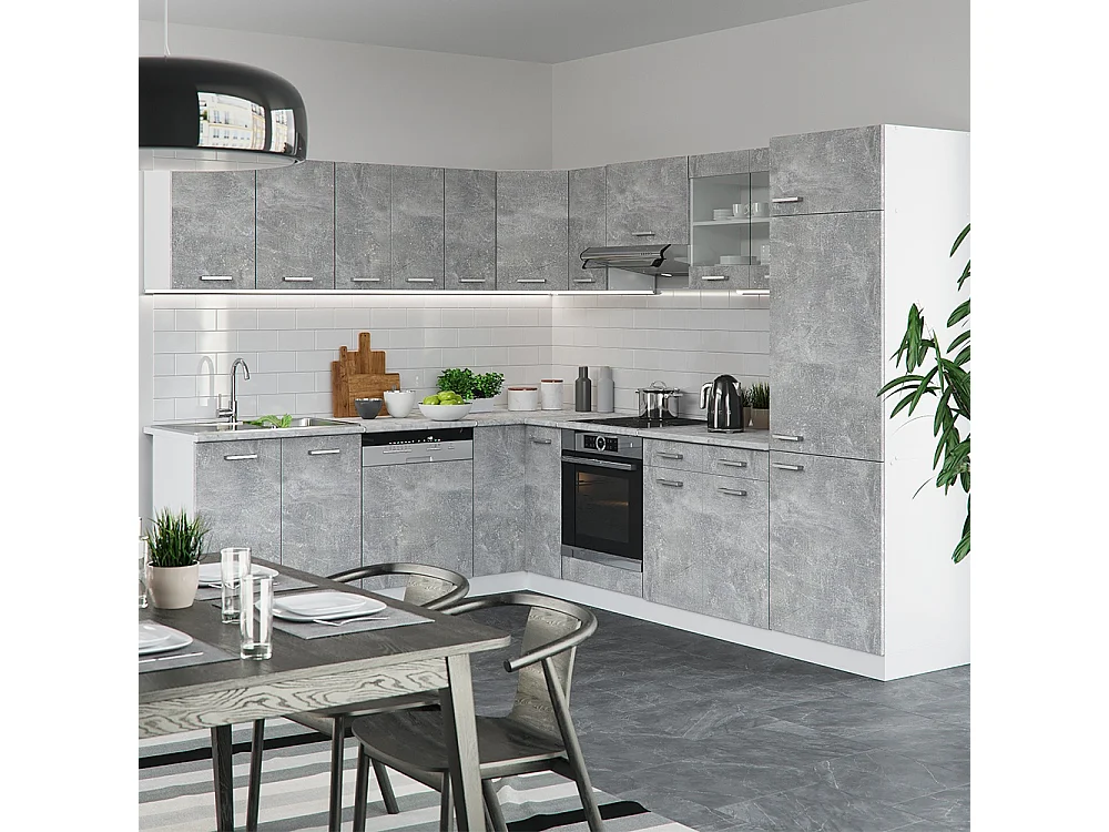 Cuisine en angle béton/blanc 287x46x81.6 r-line