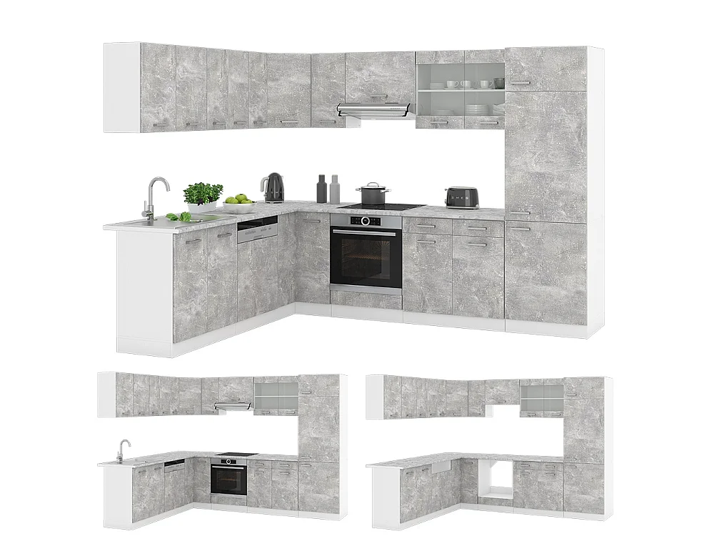 Cuisine en angle béton/blanc 287x46x81.6 r-line