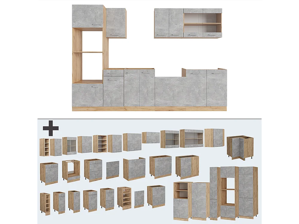 Køkkenrække beton/gyldent egetræ 300x60x81.6 r-line