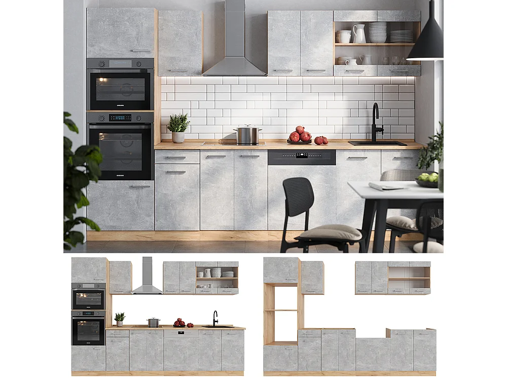 Køkkenrække beton/gyldent egetræ 300x60x81.6 r-line
