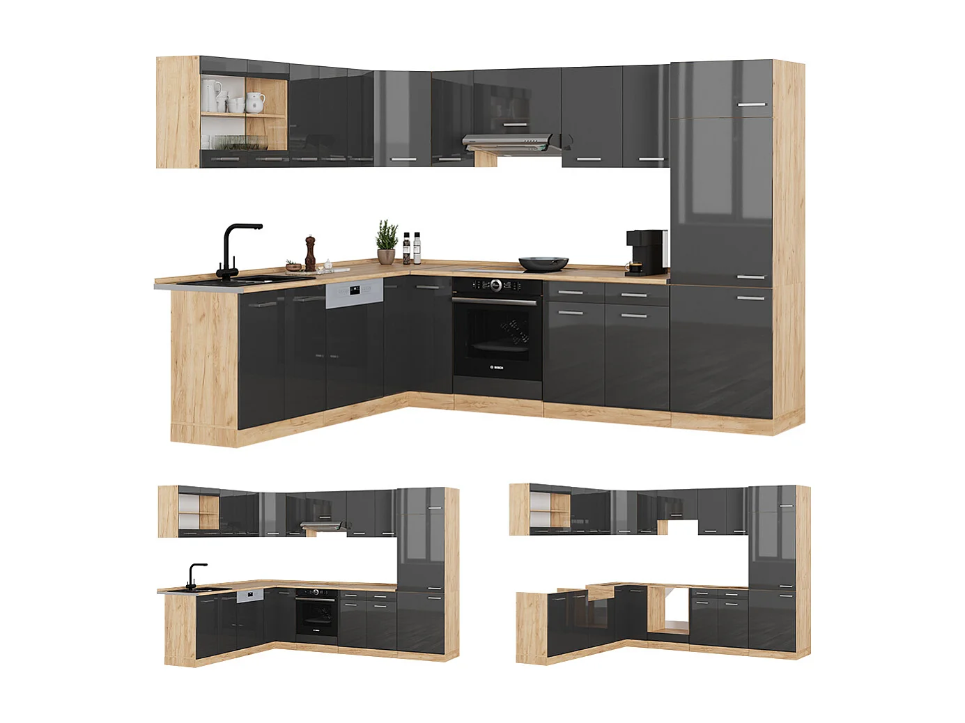 Cuisine en angle anthracite brillant/chêne doré 287x60x81.6 r-line
