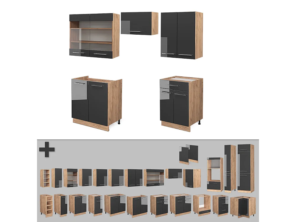 Küchenzeile anthrazit hochglanz/goldkraft eiche 200x60x81.6 fame-line