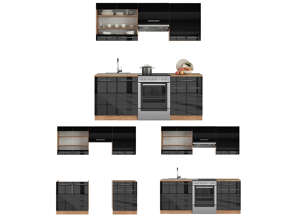 Køkkenrække antracit højglans/guld power oak 200x60x81.6 fame-line