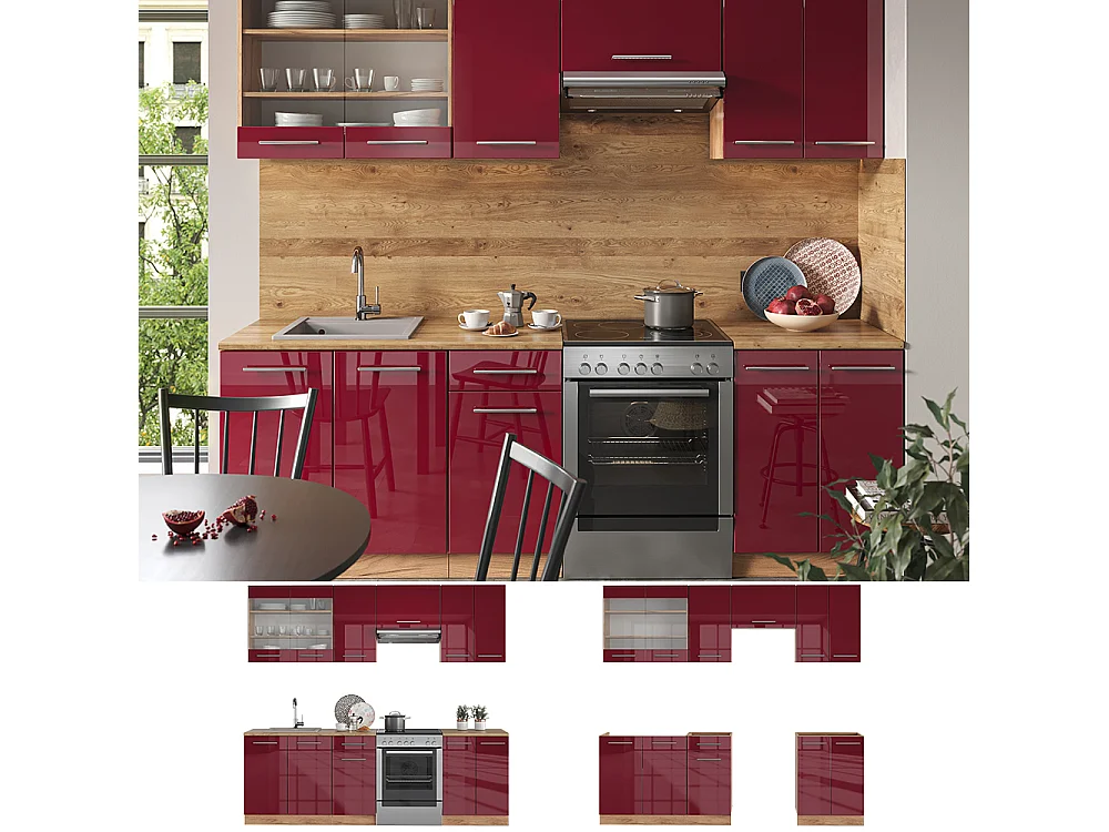 Cuisine bordeaux brillant/chêne doré 240x60x81.6 fame-line