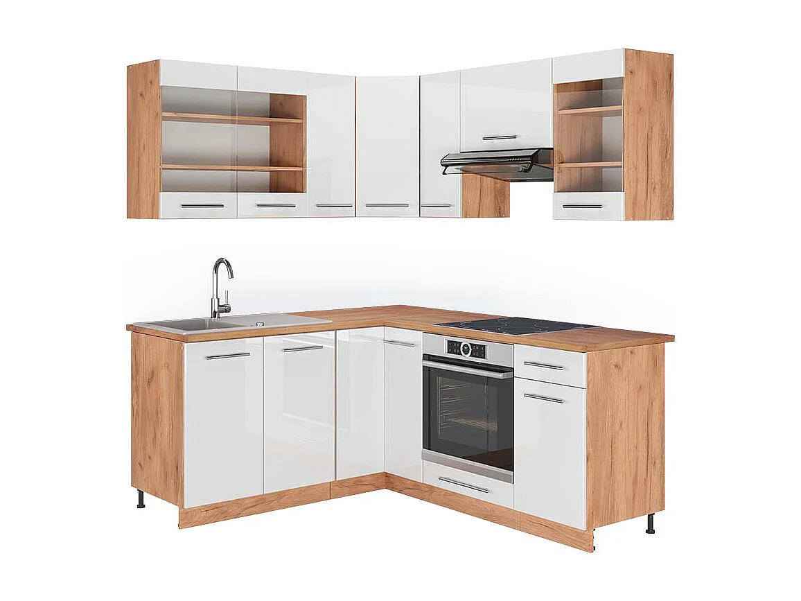 Cuisine en angle blanc brillant/chêne doré 190x60x81.6 fame-line