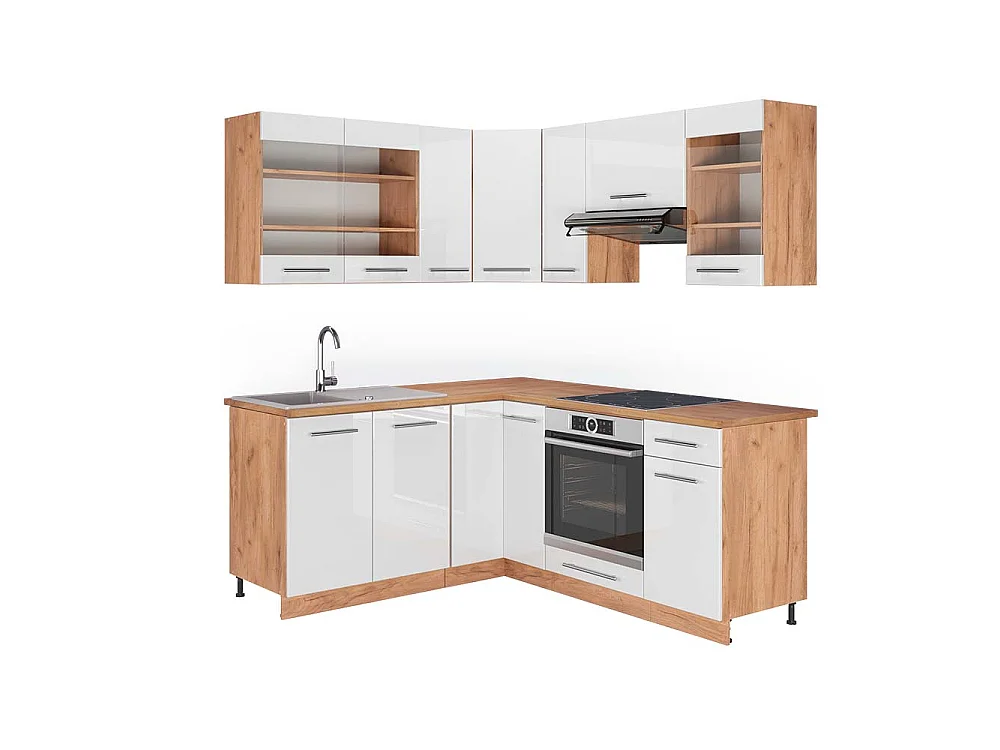 Hoekkeuken wit hoogglans/goud power eiken 190x60x81.6 fame-line