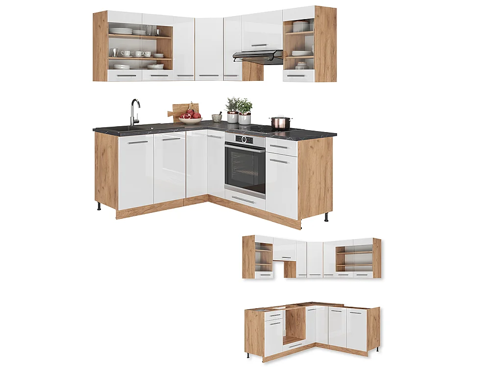 Hoekkeuken wit hoogglans/goud power eiken 190x60x81.6 fame-line