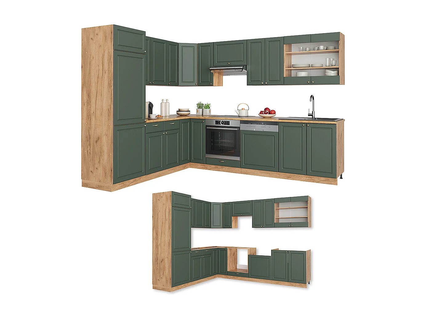 Cocina esquinera green-gold country/gold power roble 227x60x81.6 fame-line