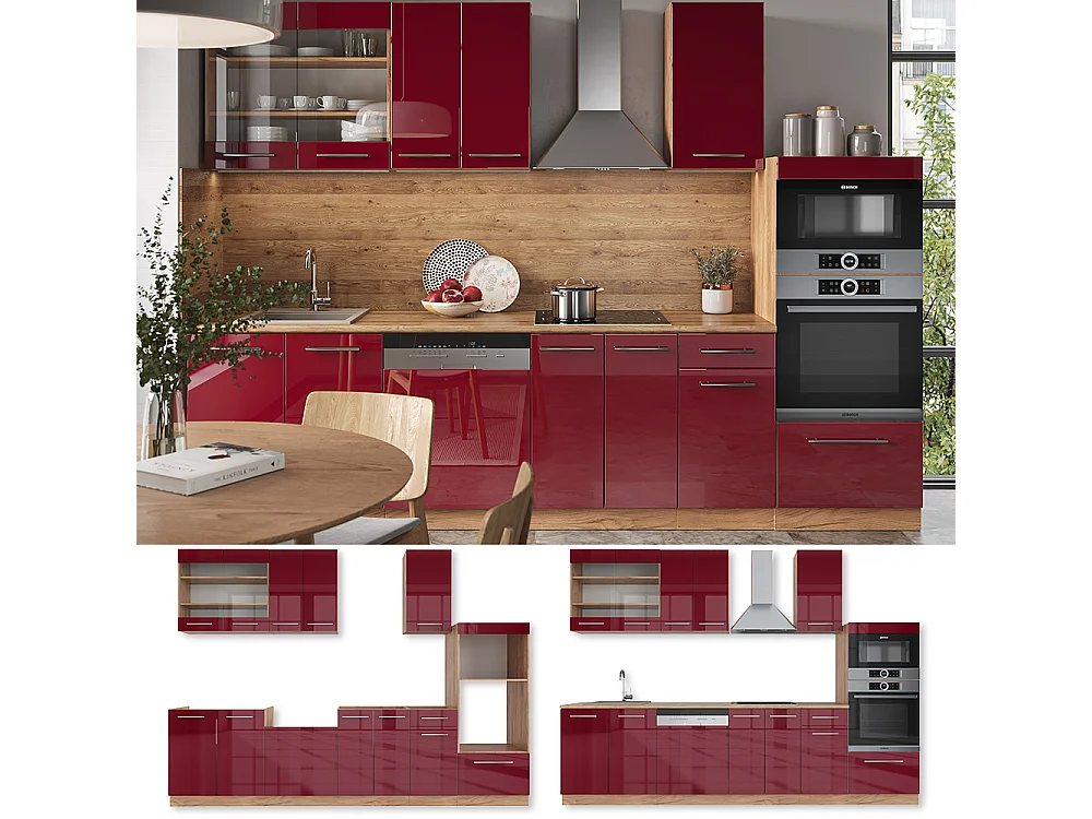 Mueble de cocina burdeos brillo intenso/roble dorado 300x60x81.6 fame-line