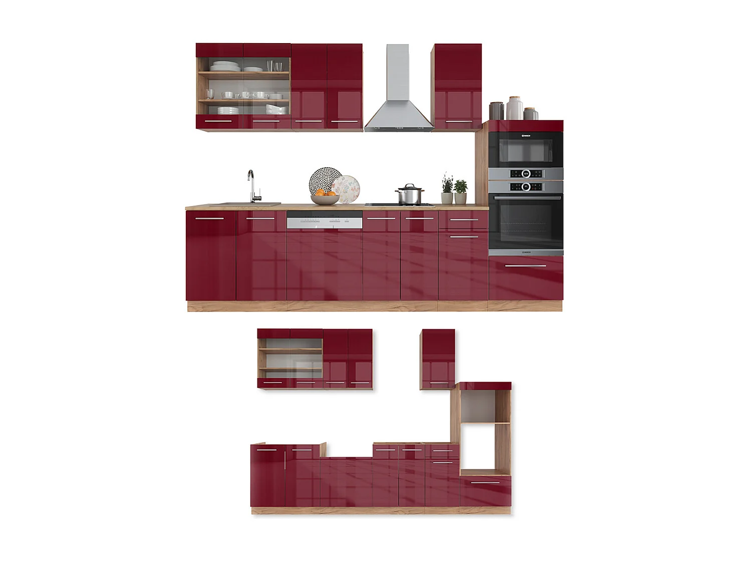 Mueble de cocina burdeos brillo intenso/roble dorado 300x60x81.6 fame-line