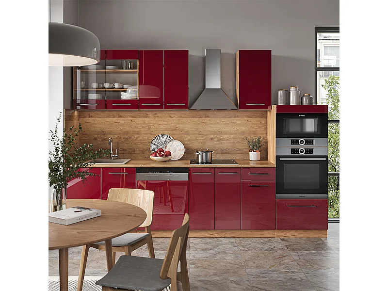 Küchenzeile bordeaux hochglanz/goldkraft eiche 300x60x81.6 fame-line