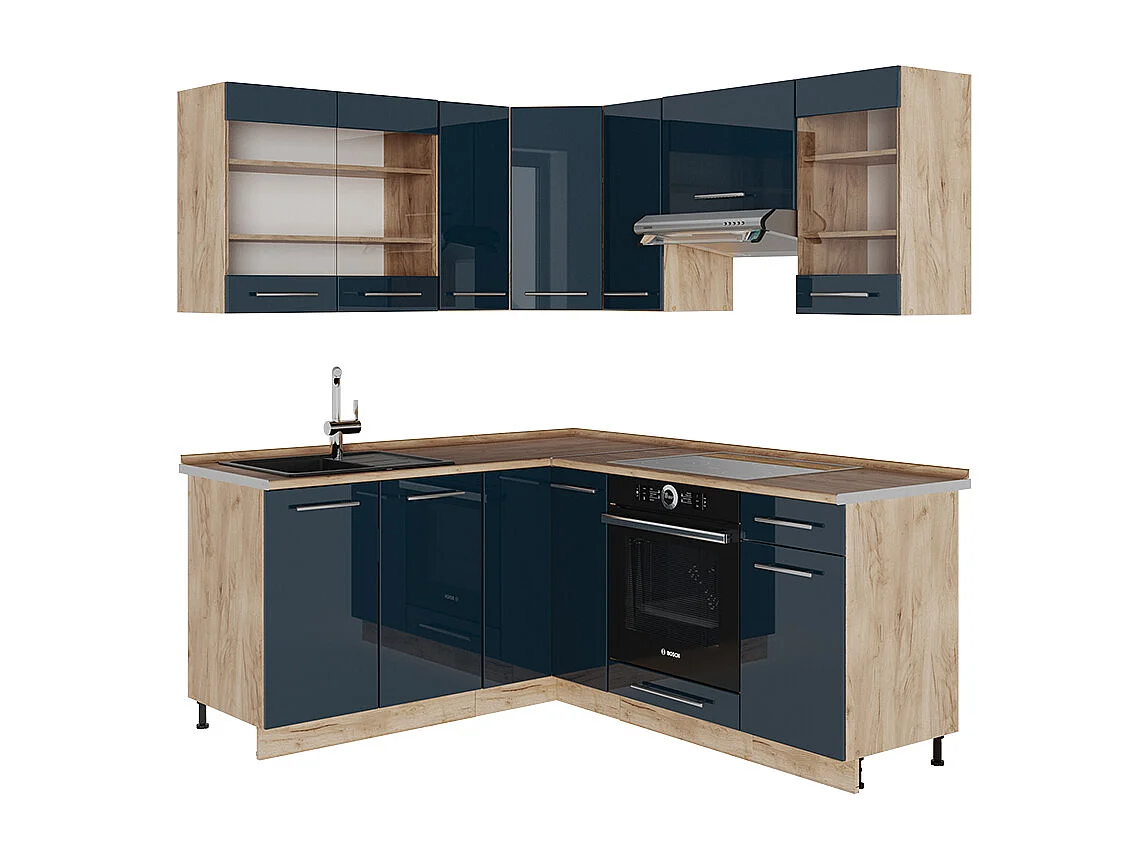 Armarios de cocina azul oscuro alto brillo/roble dorado 190x46x81.6 fame-line