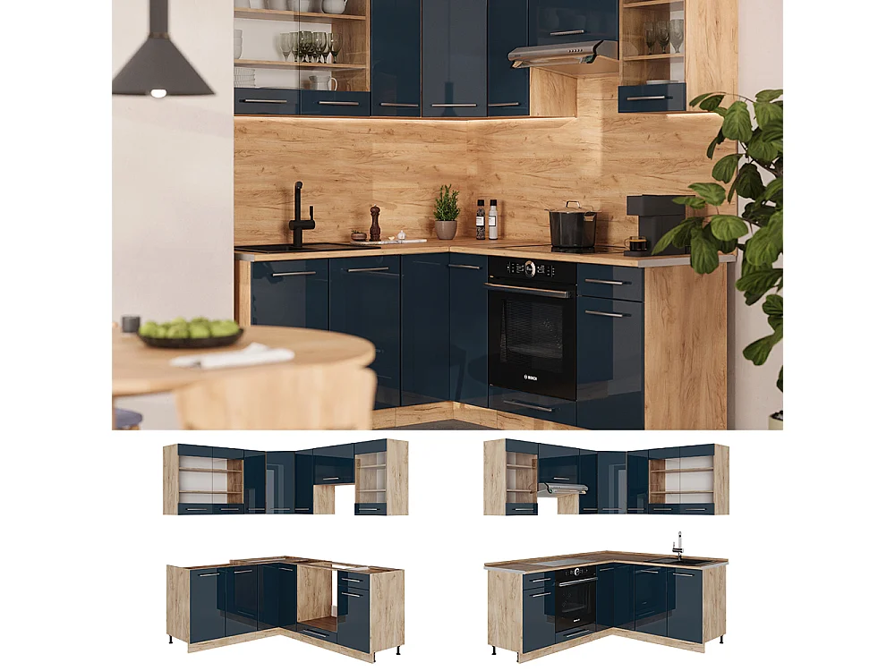 Armarios de cocina azul oscuro alto brillo/roble dorado 190x46x81.6 fame-line