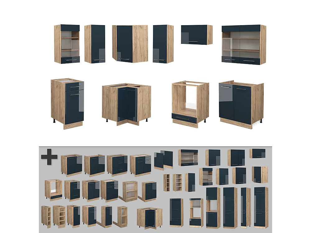 Armarios de cocina azul oscuro alto brillo/roble dorado 190x46x81.6 fame-line