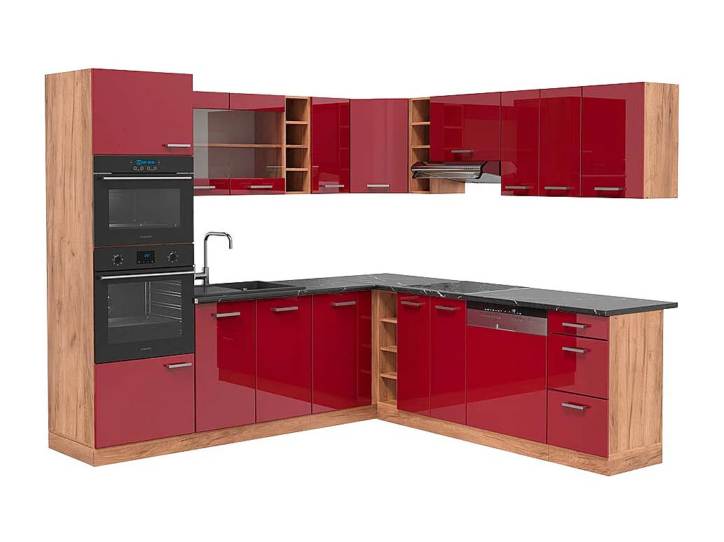 Cocina esquinera rojo brillo intenso/roble dorado 247x60x81.6 r-line
