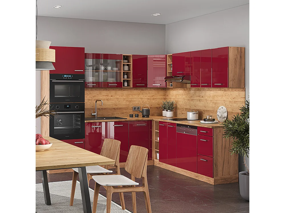 Cuisine en angle rouge brillant/chêne doré 247x60x81.6 r-line