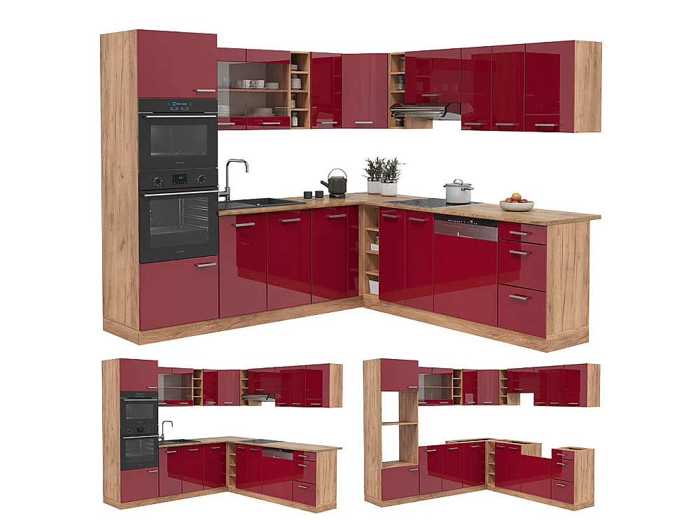 Cuisine en angle rouge brillant/chêne de force doré 247x60x81.6 r-line