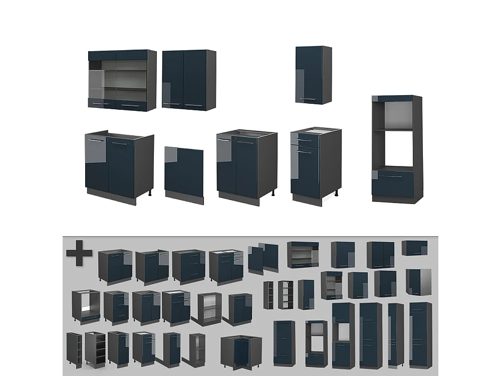 Mueble de cocina azul oscuro alto brillo/antracita 300x60x81.6 fame-line