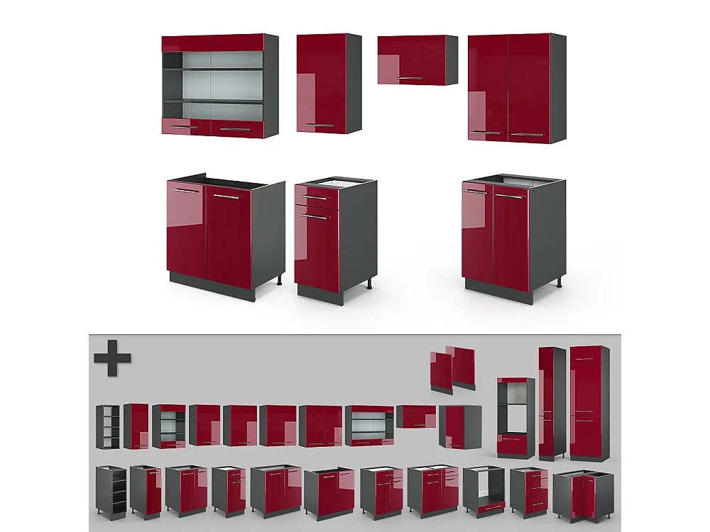 Mueble de cocina rojo burdeos alto brillo 240x60x81.6 fame-line