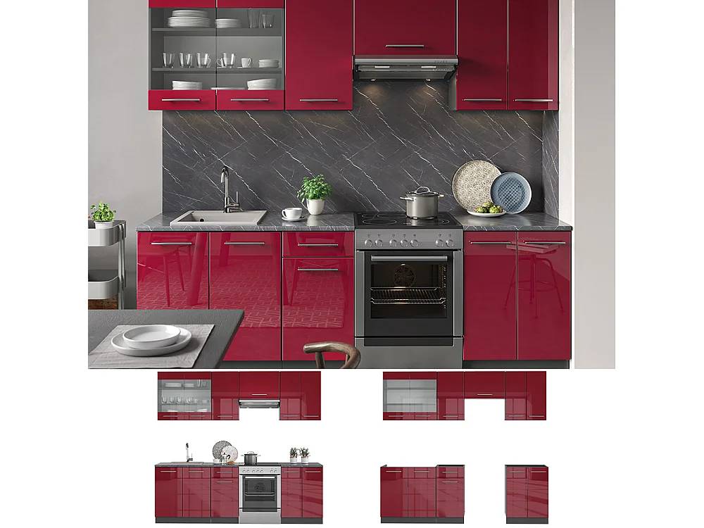 Cucina componibile rosso bordeaux lucido 240x60x81.6 fame-line