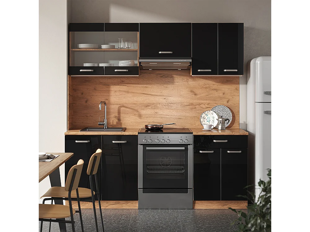 Mueble de cocina roble negro/dorado de alto brillo 200x60x81.6 r-line