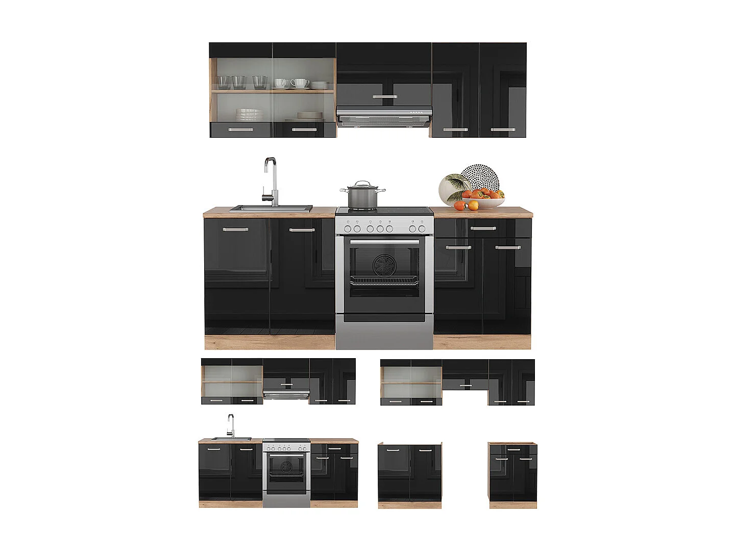 Mueble de cocina roble negro/dorado de alto brillo 200x60x81.6 r-line