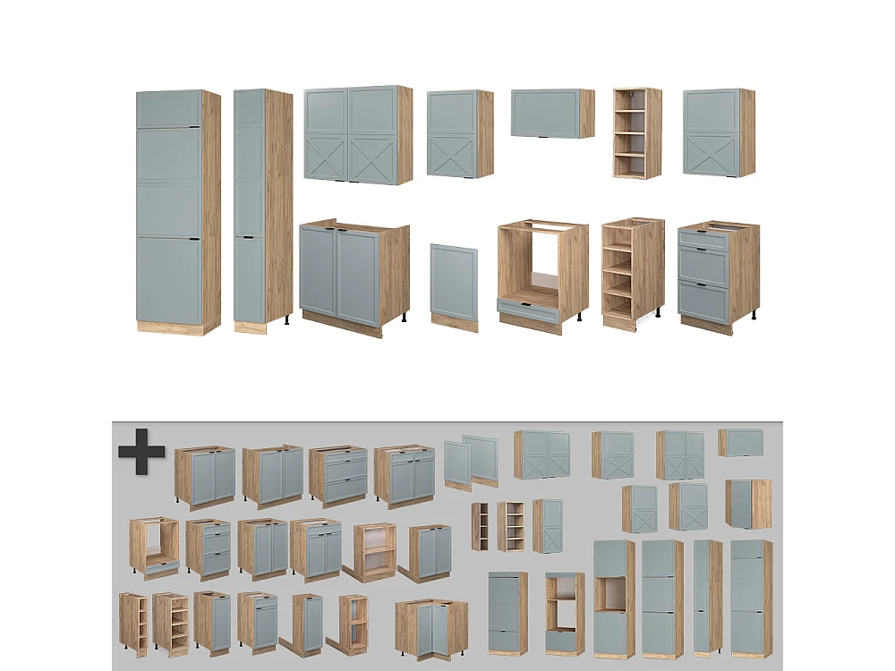 Cuisine bleu clair-gris/chêne force dor 355x46x81.6 fame-line