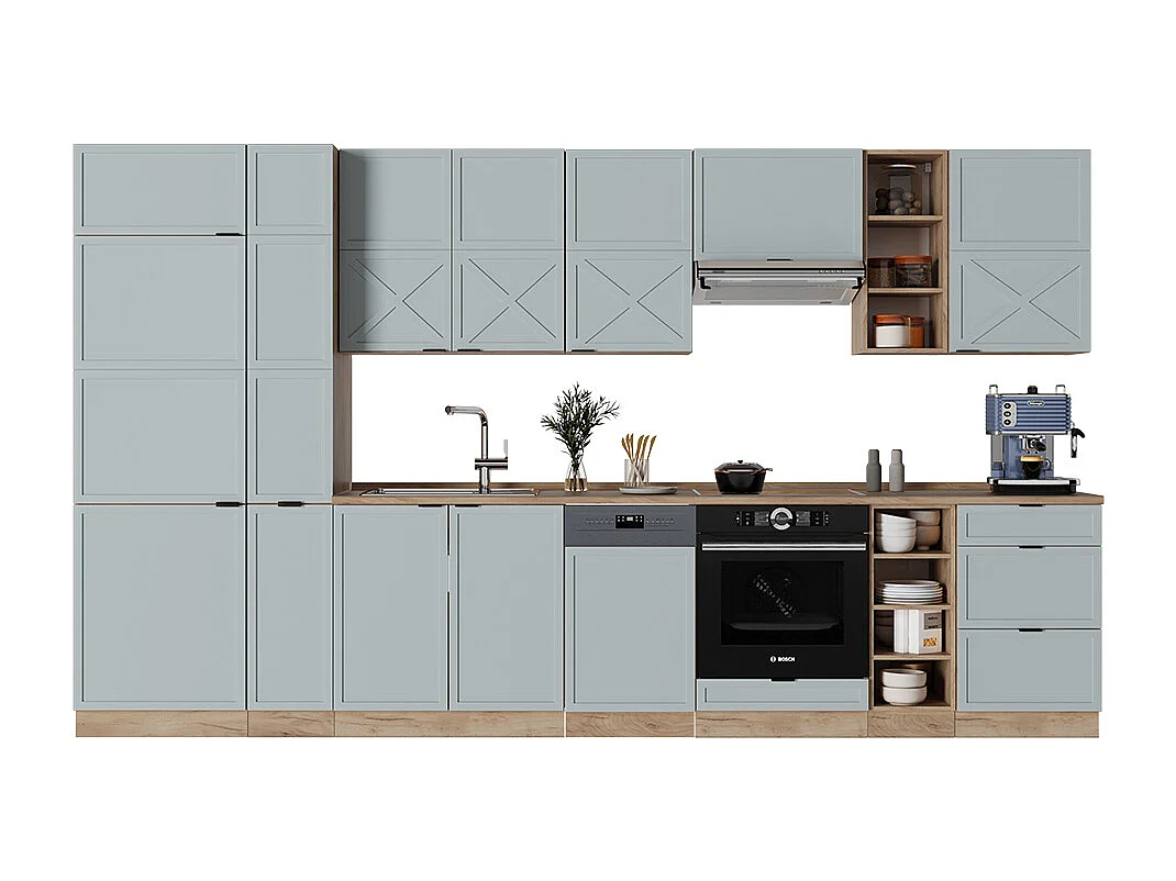 Køkkenrække lys blågrå/gylden eg 355x46x81.6 fame-line