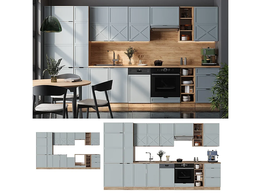 Mueble de cocina roble azul claro/gris dorado 355x46x81.6 fame-line